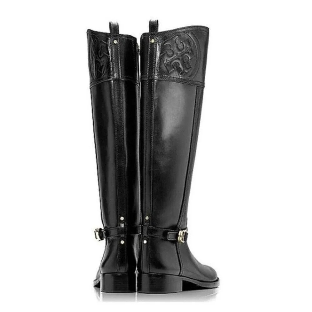Tory Burch Marlene Black Leather Full‎ Zip Knee High Riding Boots Buckle 8 550$